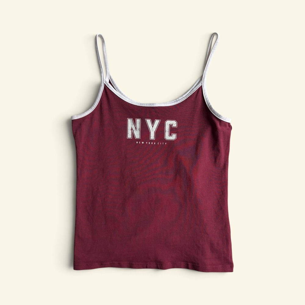 HM NYC Graphic Contrast Ringer Cami Tank Top Burgundy Cropped Baby Tee Womens XS